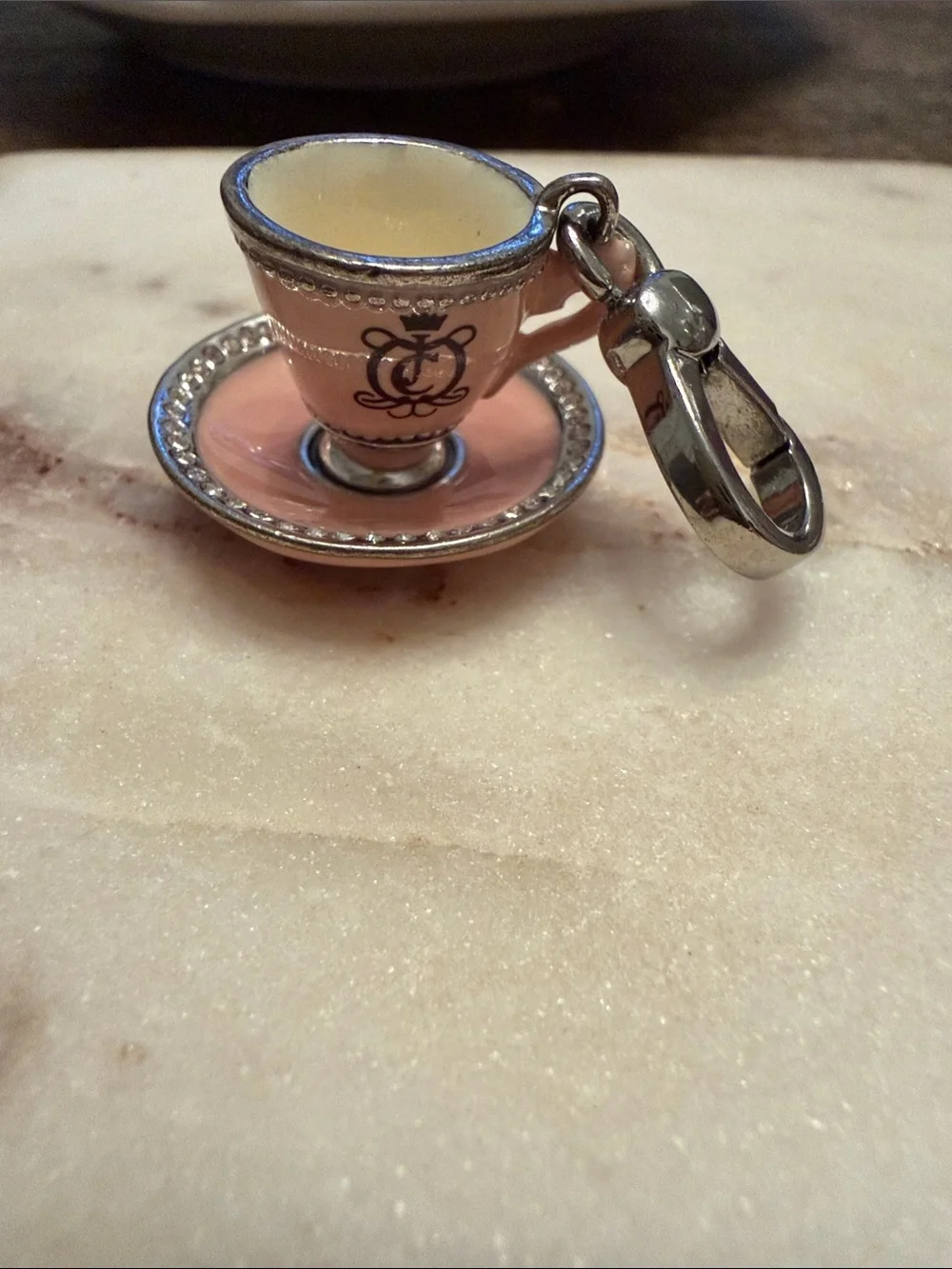 Y2kJuicy Couture Pink Teacup Charm Keychain with Silver Trim